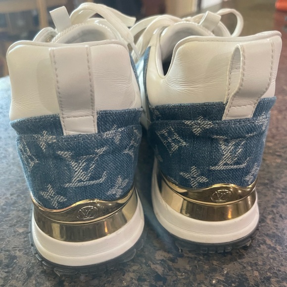 Authentic Louis Vuitton White/Blue Leather Mesh Monogram Denim Run Away Sneakers - Picture 5 of 6